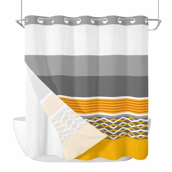 Modern Style No Hook Shower Curtain with Snap in Liner Yellow White Diamond Red Stripes Black Gray Rectangle Waterproof Bathroom Shower Curtain with See Through Top Window for Bathtub 72" x 72"