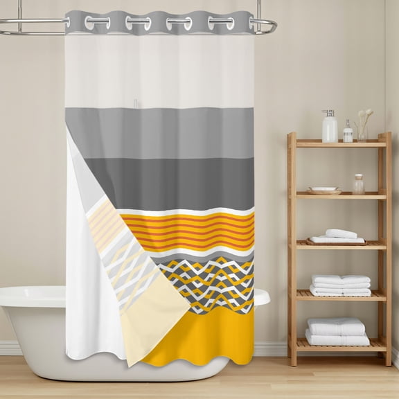 Modern Style No Hook Shower Curtain with Snap in Liner, Yellow White Diamond Red Stripes Black Gray Rectangle Waterproof Shower Curtains with See Through Top Window Liner for Bathroom, 36x78 Inches