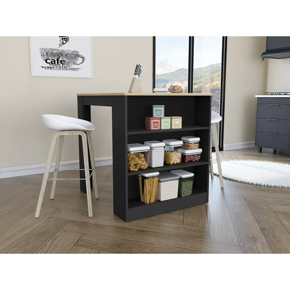 Modern Style Kitchen Counter Table With Two Legs And Three Shelf Areas - Black / Pine Inviting Countertop Dining Unwavering Side Shelves
