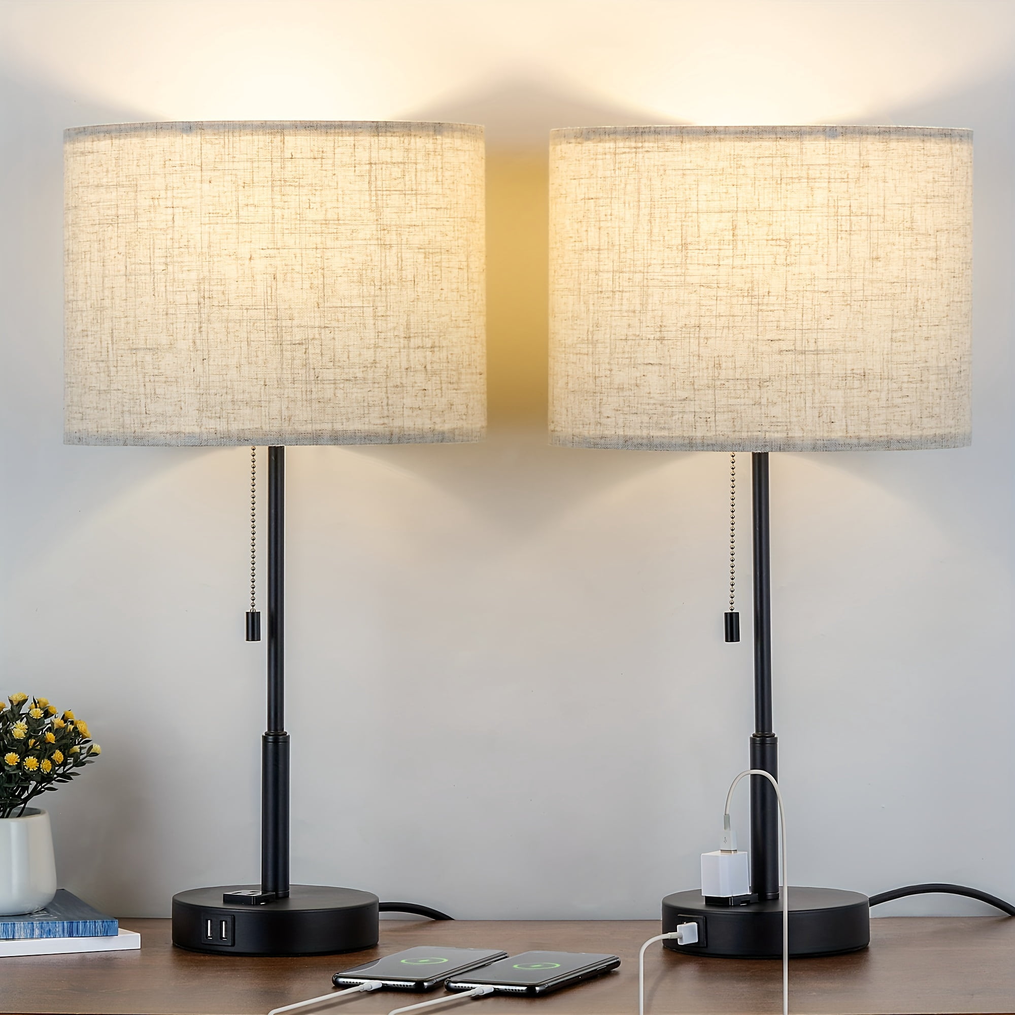 Modern Style Large Table Lamp Set, with 2 USB Ports And a 3-Hole AC Socket Table Lamp, Suitable for Bedroom, Living Room, Study, Including LED Light Bulb, 21.7 Inches High