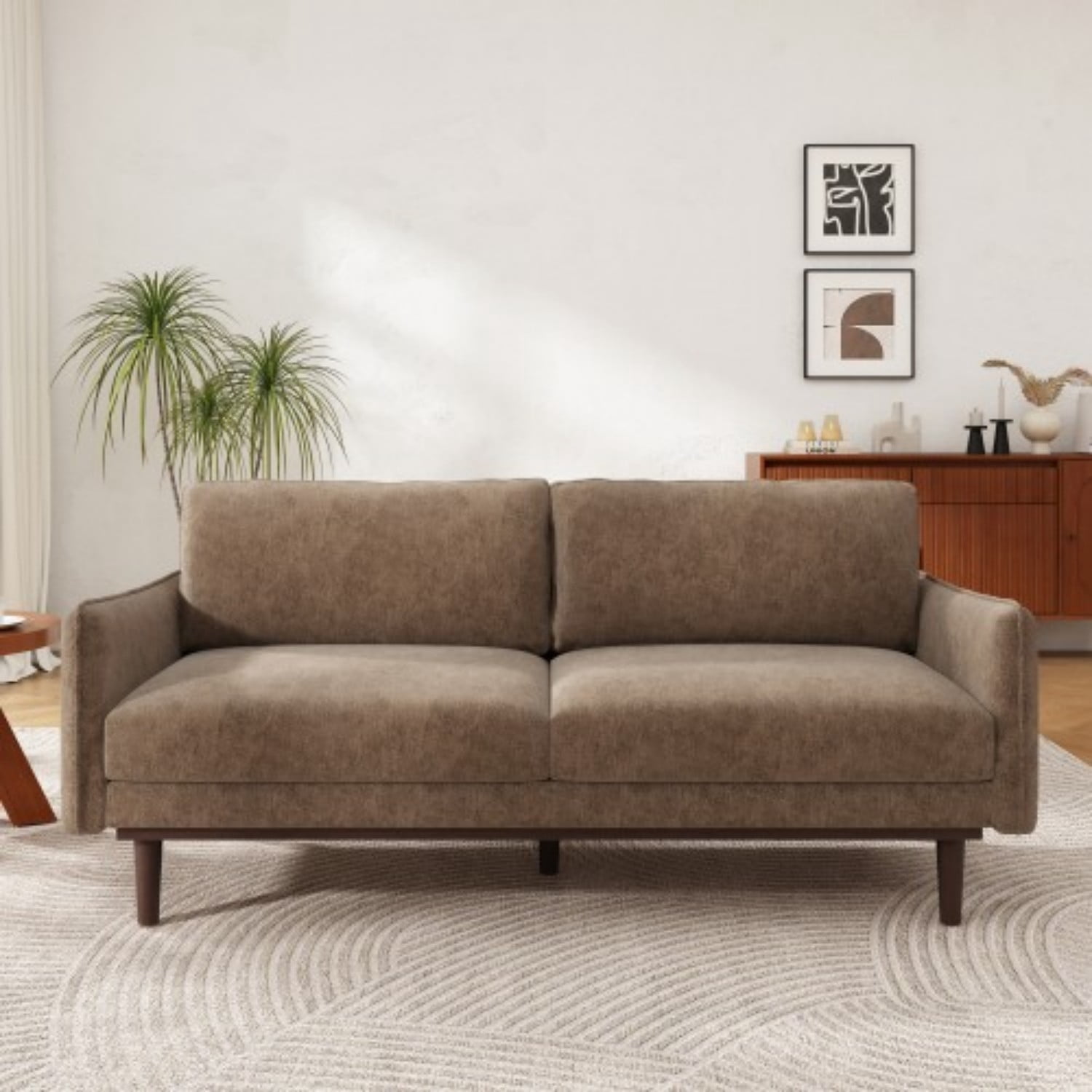 Modern Style Loveseat Sofa 75.75" 2 Seater Sofa Couch with Spacious Seating Area, Chenille Fabric Upholstered Sofa with Pocket Spring Cushions and Rubber Wood Legs for Living Room, Brown