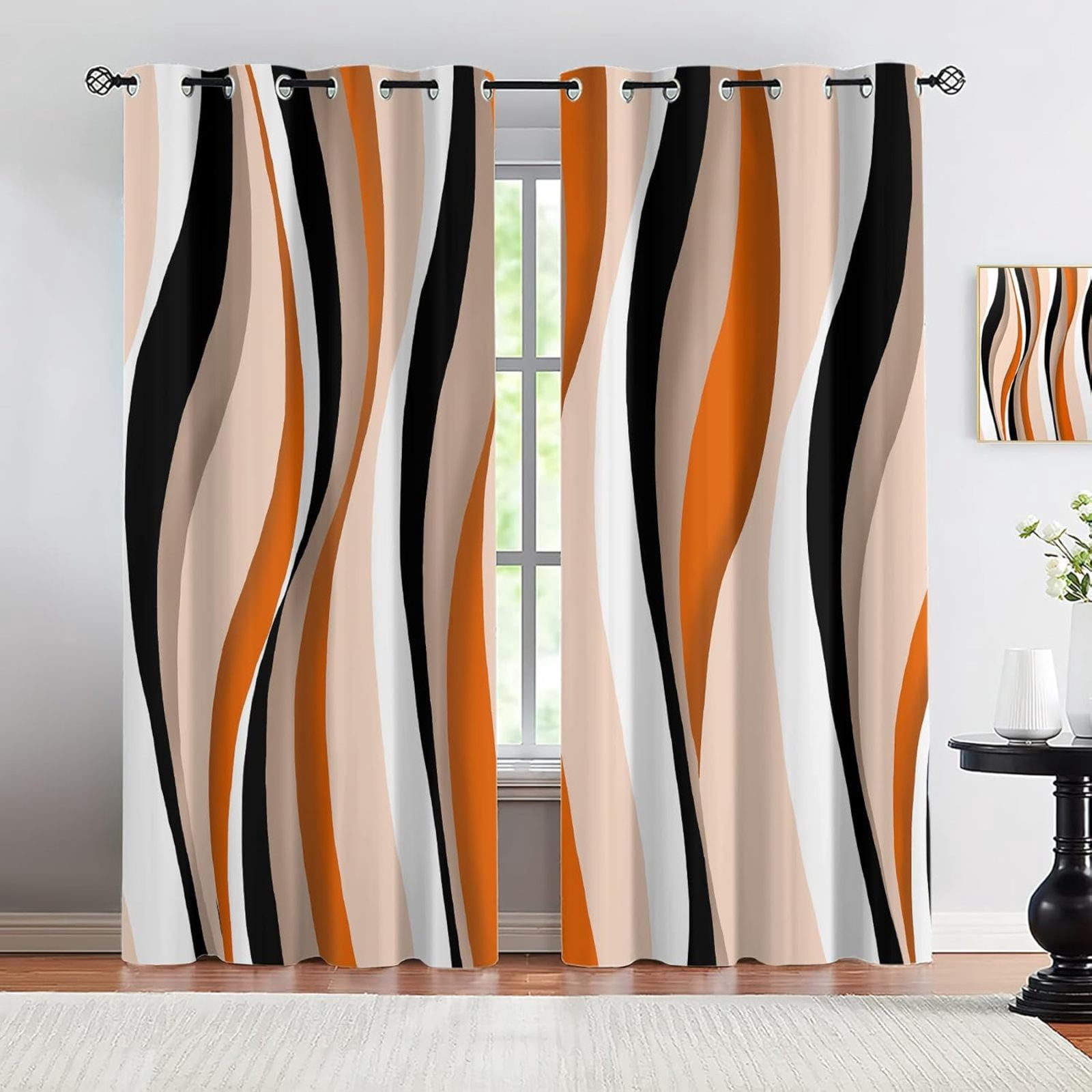 Modern Style Orange Blackout Curtains， Geometric Orange Black Wave ...