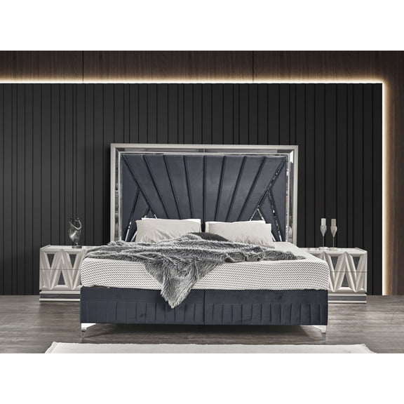 Modern Style Queen Bed With Velvet Fabric And Wood Frame In Grey Contemporary Soft Practical Storage