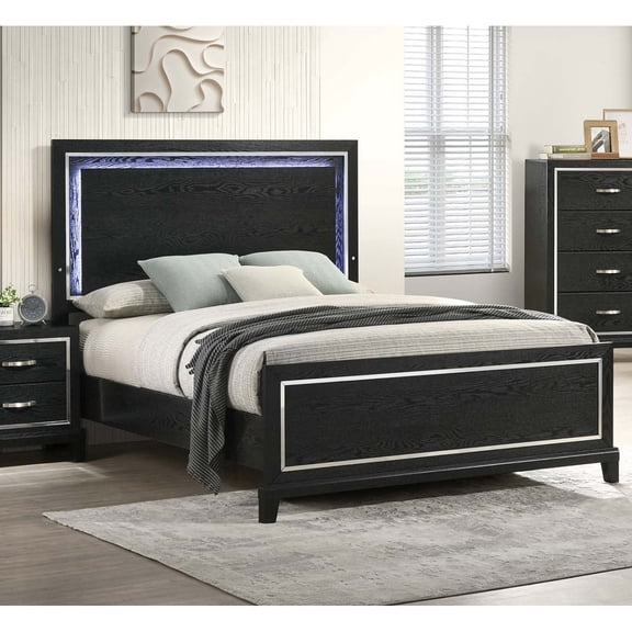 Modern Style Queen Size Bed Built In LED Lights Medium Density Black Finish Bedroom Furniture