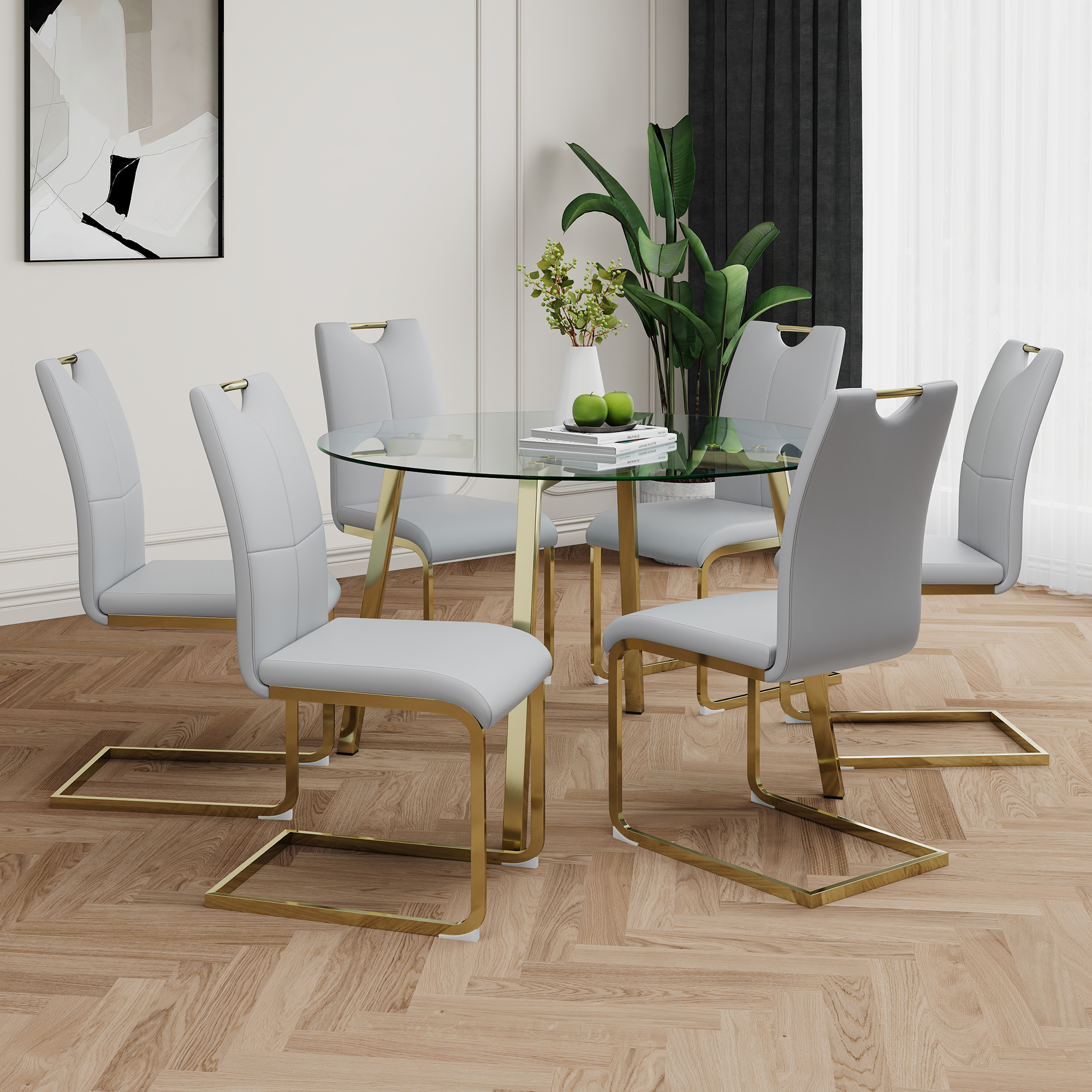 Modern Style Round Glass Dining Table Set (Set of 7), Elegant ...