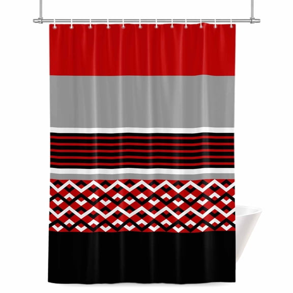 Modern Style Shower Curtain, 72" x 84", Black White Diamond Stripes Red Gray Rectangle Waterproof Bathroom Curtain Washable Shower Curtain Set with 12 Hooks
