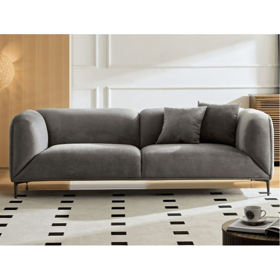 Modern Style Sofa with 2 Pillows, Fabric Sofa Curved with Thickened Backrest, Solid Wood Frame Sofa for Studio, Living Room, Attic, Gray