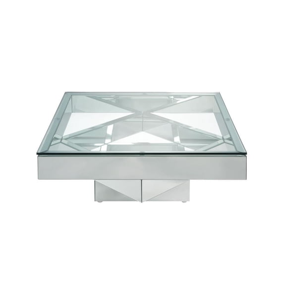 Modern Style Square Glass and Mirror Coffee Table with Pedestal Base, Silver