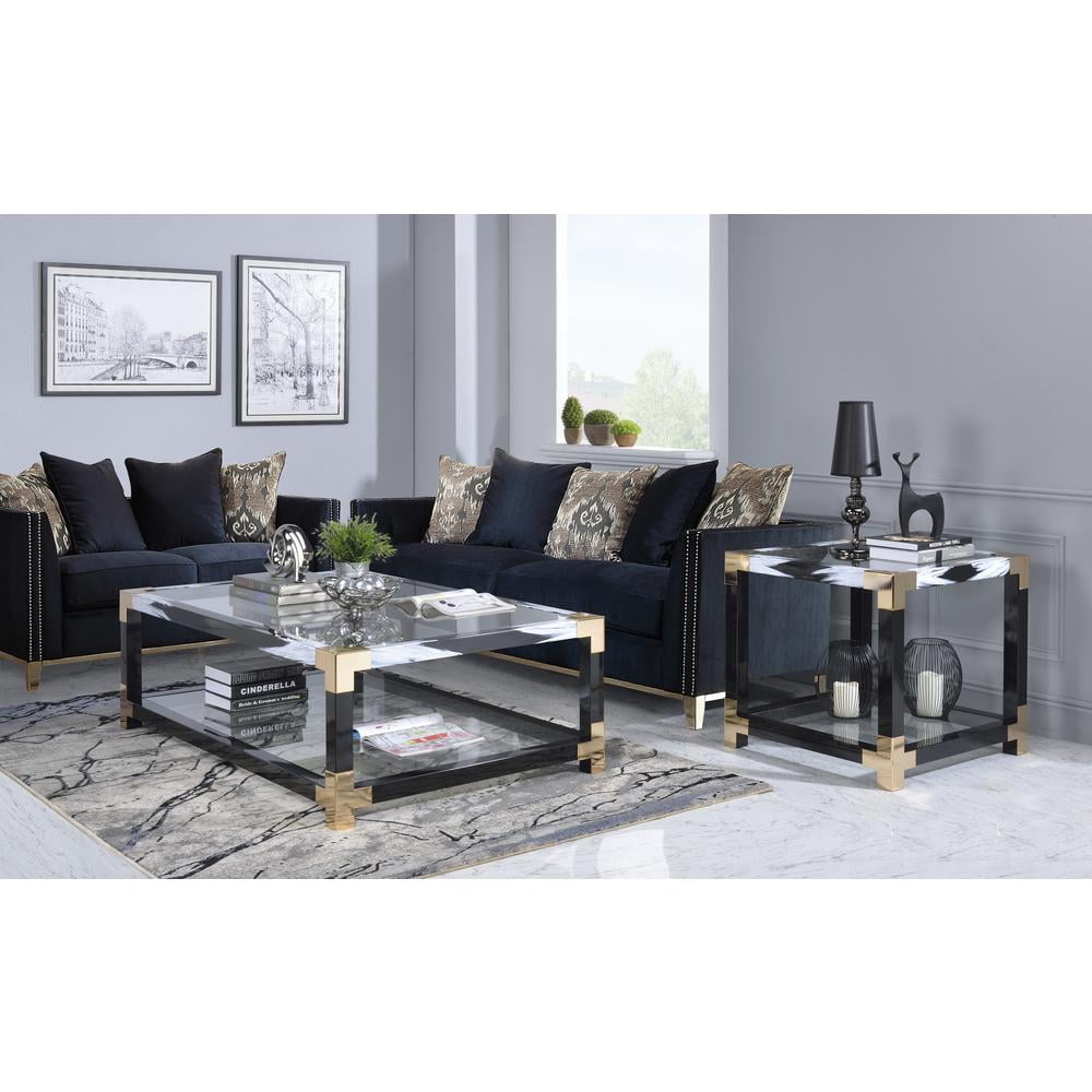 Modern Twisted Black and Gold Metal Glass End Table with Shelf