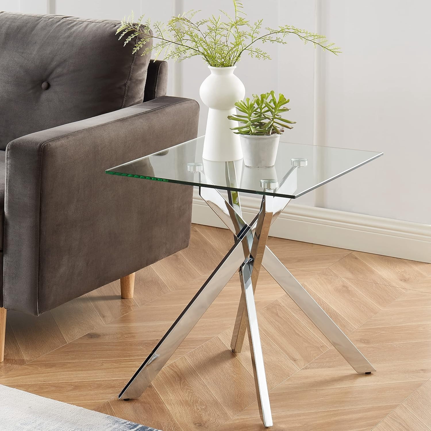 Modern Square Side Table With Tempered Glass Top & Metal Legs - Silver, 20" X 20" X 22"