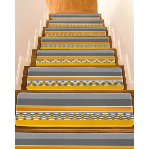 Modern Style Stair Treads Non Slip for Steps Yellow White Diamond Red Stripes Black Gray Rectangle 15 Pcs Reusable Adhesive Stair Runner Mats for Dogs Elders Carpet Treads Rugs for Staircase 8x30 In