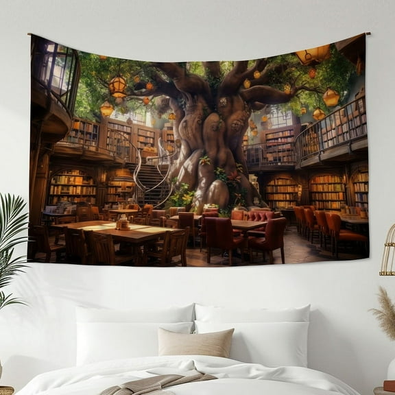 Modern Style Tapestry, Library Illustration Print Tapestry, Bedroom Living Room Dormitory Decoration, Home Decoration