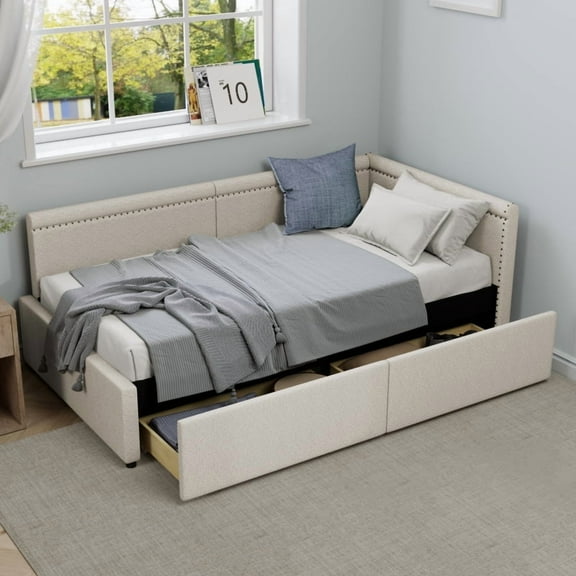 Modern Style Twin Size L Shape Corner Bed, Linen Upholstered  Daybed  with Two Storage Drawers,Beige