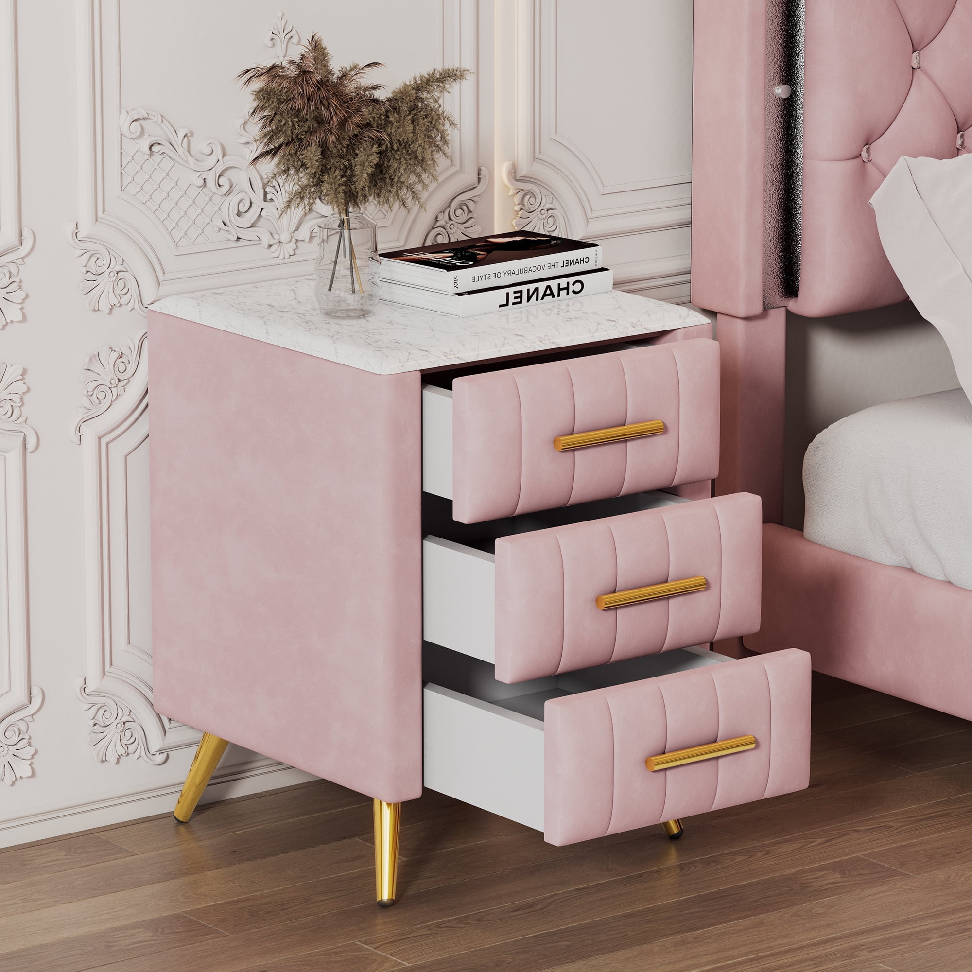 Modern Style Upholstered Nightstand with 3 Drawers and Metal Legs ...