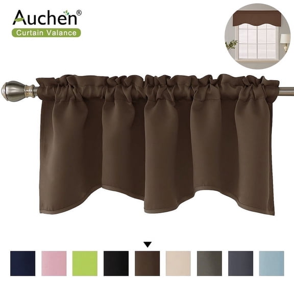 Modern Style Valance Curtains, AUCHEN Ultra Elegant Solid Color Short Curtain Valance, Pocket Valances for Windows - Bathroom, Living Room and Kitchens - 52" x 18", Coffee