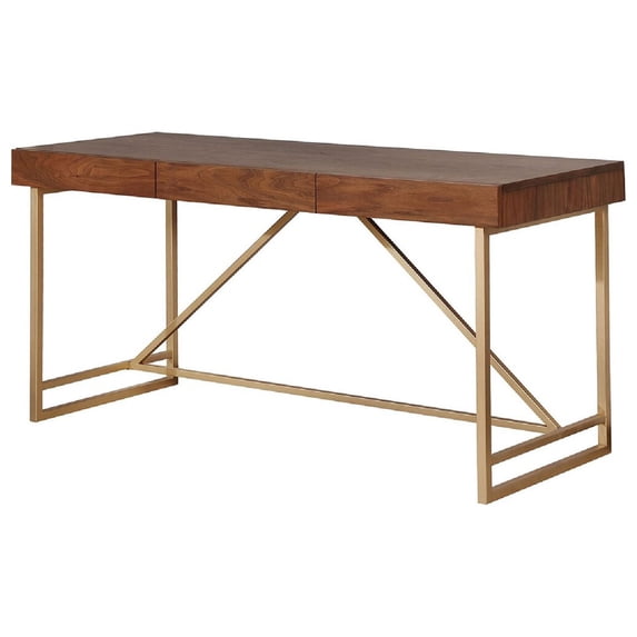 Benjara Wooden Writing Desk w/ Unique Metal Legs-Walnut Brown/Gold