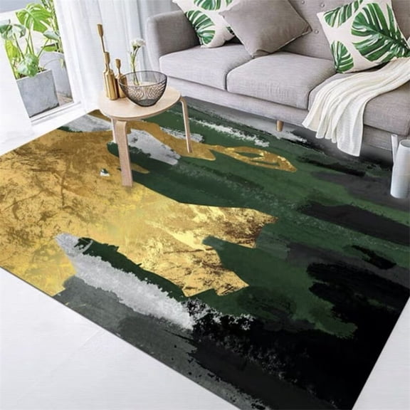 Modern Stylish Area Rug, Luxury Emerald Green Gold Gray Rugs For Living Room Bedroom, Home Decoration Non-Slip Carpet, Machine Washable 5' x 7'