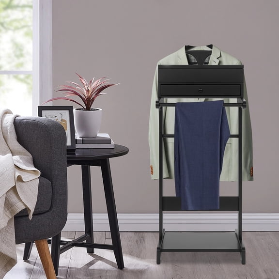 Modern Suit Valet Stand Clothes Storage Shoe Organizer Suit Hanger Shoe Rack Black for Bedrooms, Cloakrooms