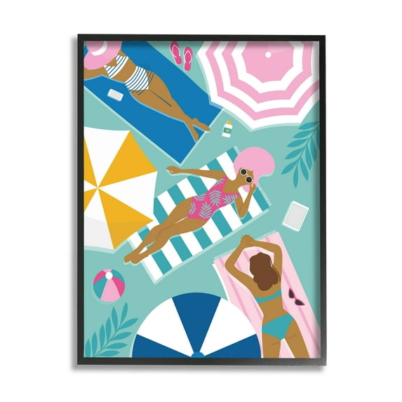 Modern Summer Sunbathing Girls Coastal Graphic Art Black Framed Art Print Wall Art