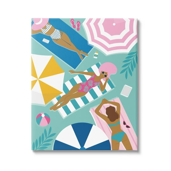 Modern Summer Sunbathing Girls Coastal Graphic Art Gallery Wrapped Canvas Print Wall Art