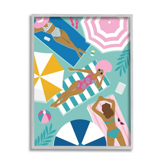 Modern Summer Sunbathing Girls Coastal Graphic Art Gray Framed Art Print Wall Art