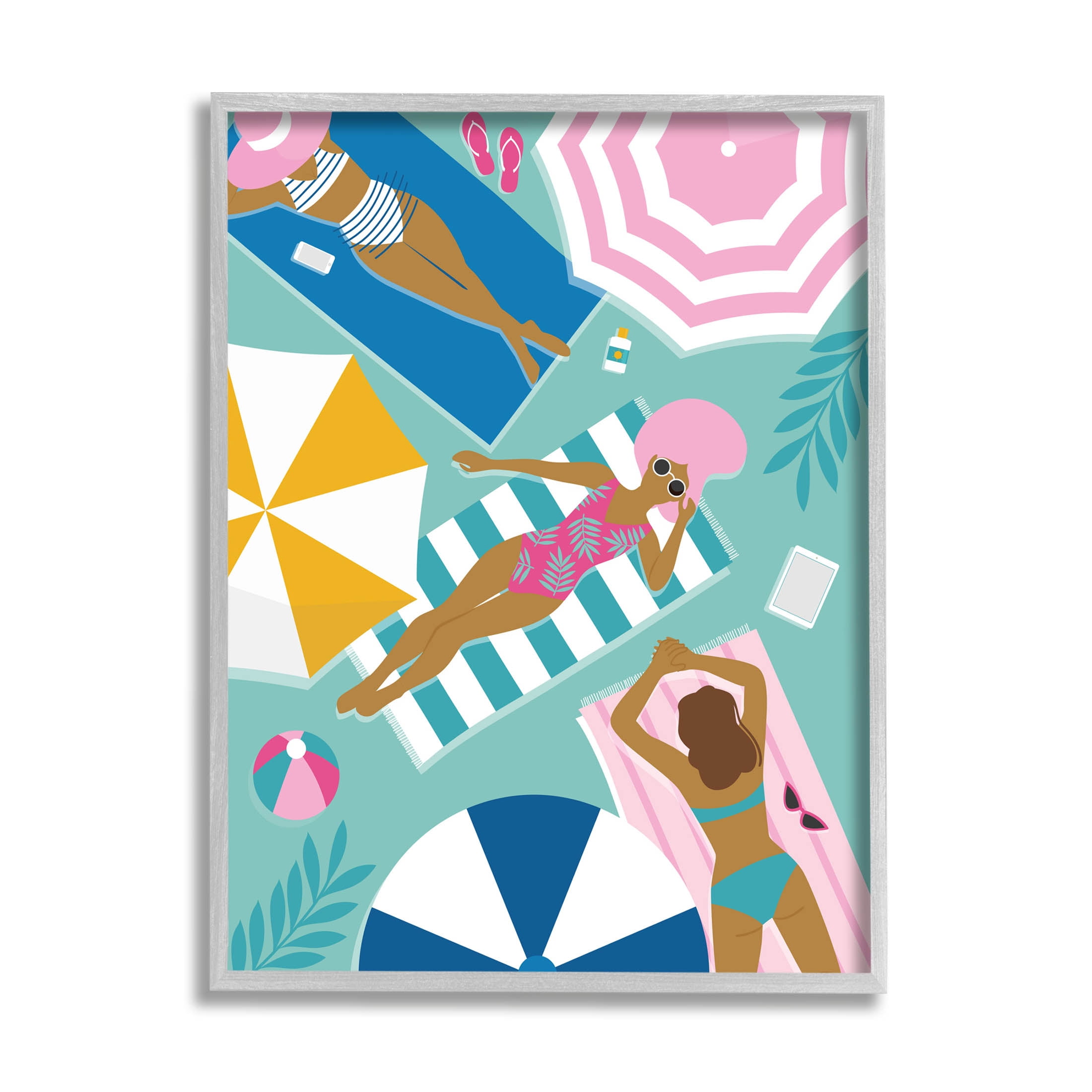 Modern Summer Sunbathing Girls Coastal Graphic Art Gray Framed Art Print Wall Art