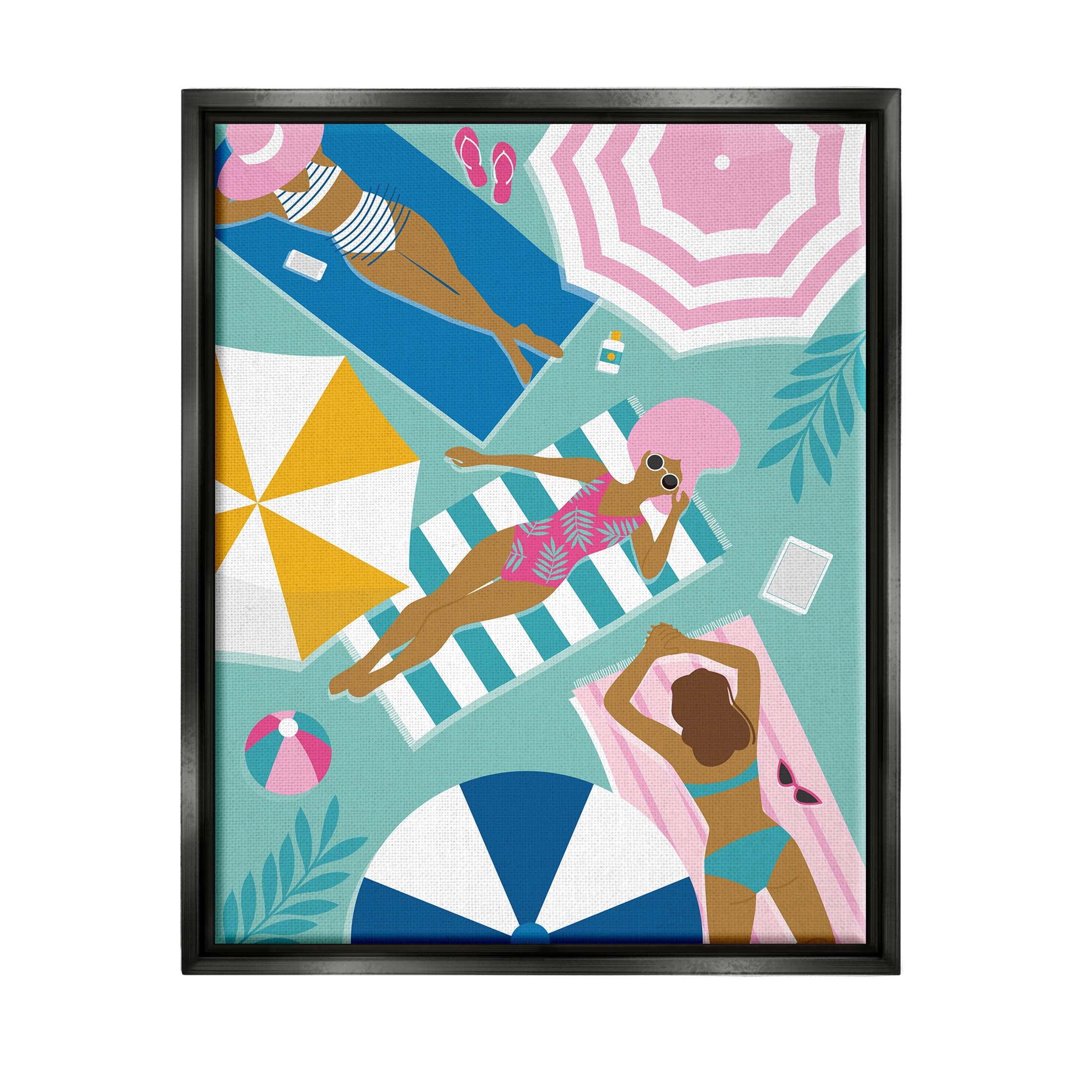 Modern Summer Sunbathing Girls Coastal Graphic Art Jet Black Framed Art Print Wall Art