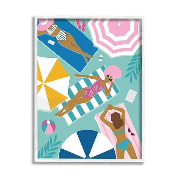 Modern Summer Sunbathing Girls Coastal Graphic Art White Framed Art Print Wall Art