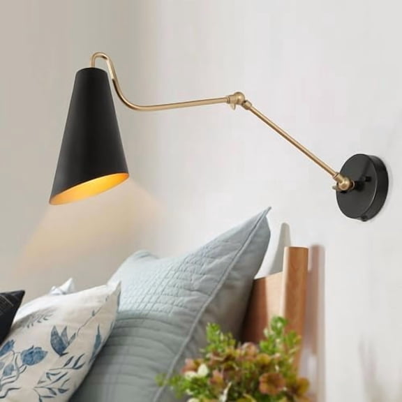 Modern Swing Arm Wall Lamp, Plug in or Hardwired Wall Sconces Lighting, Black and Gold Adjustable Light Fixture with On/Off Switch for Bedroom, Kitchen and Living Room$$Tools & Hardware Other