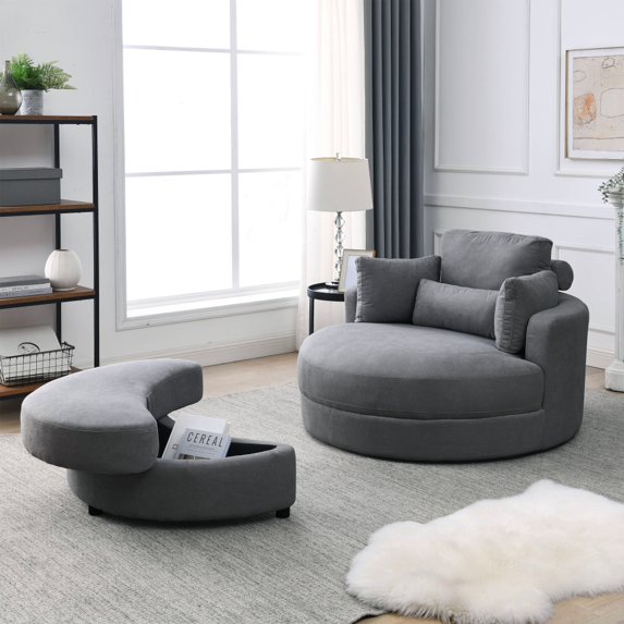 Accent Barrel Chair, Modern Swivel Sofa Chair Chaise Lounge with Storage Ottoman and Pillows, Linen Fabric Round Club Chair with Curved Backrest for Living Room Hotel, Dark Gary