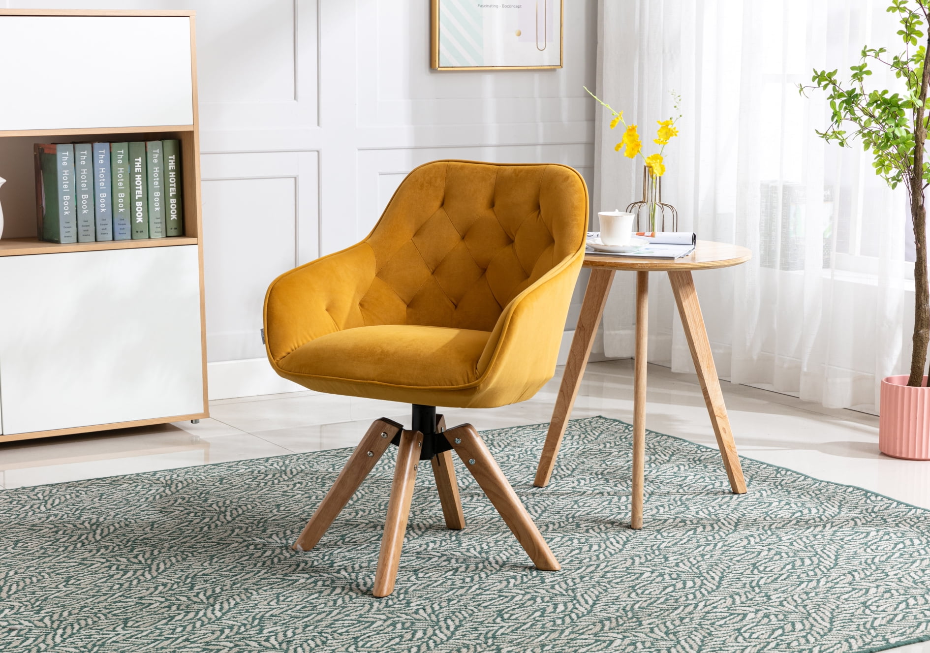 Modern Swivel Accent Chair with Rubber Wood Legs, Upholstered Desk