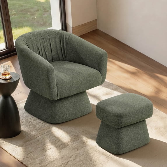 Modern Swivel Accent Chair with Ottoman, Boucle Upholstered Barrel Armchair, 360° Swivel Chair for Living Room, Bedroom & Office, Green, Single Set