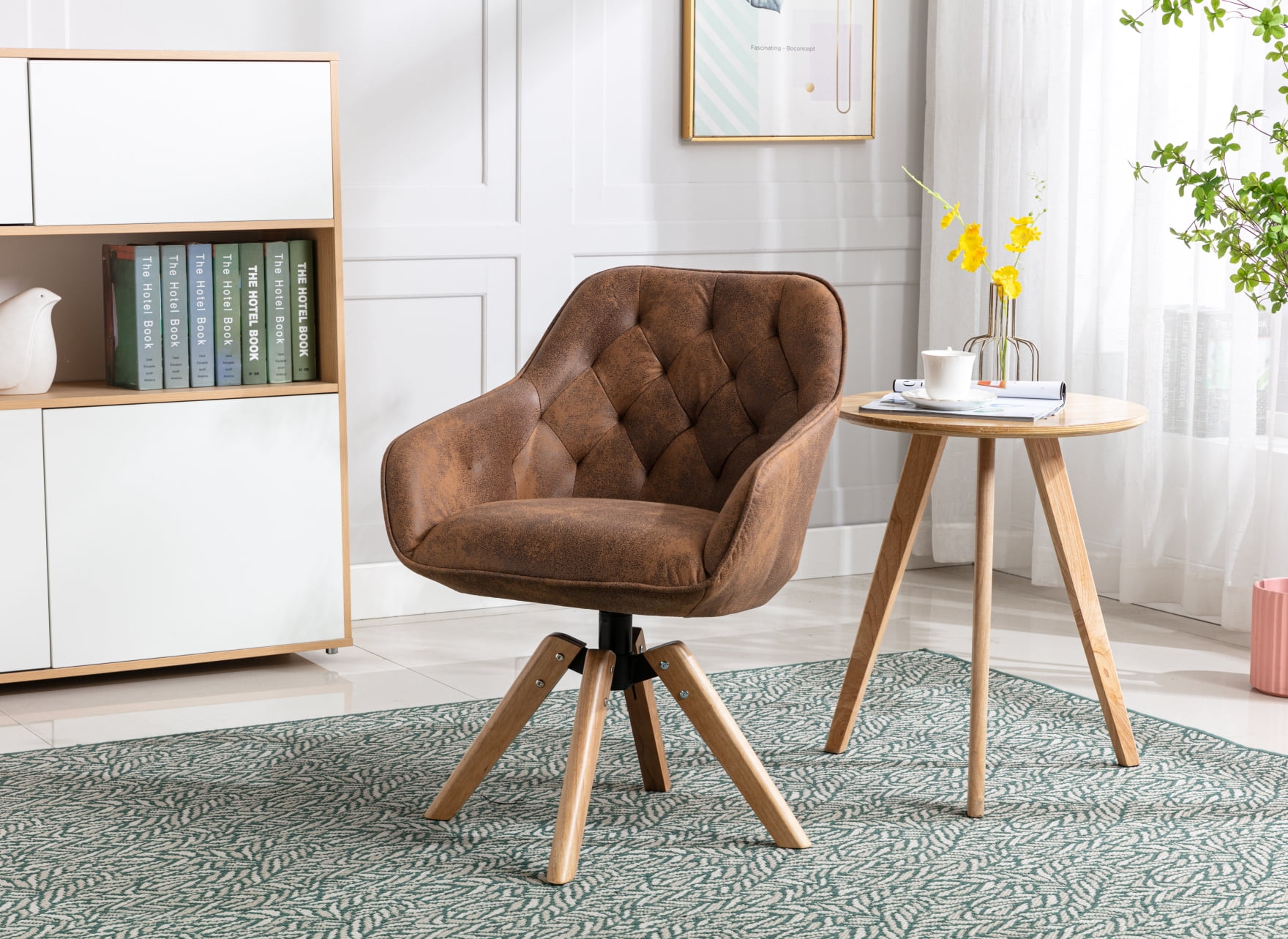 Modern Swivel Accent Chair with Rubber Wood Legs Upholstered Desk Chair without Wheels Velvet Tufted Armchair for Small Spaces Home Office Coffee Walmart