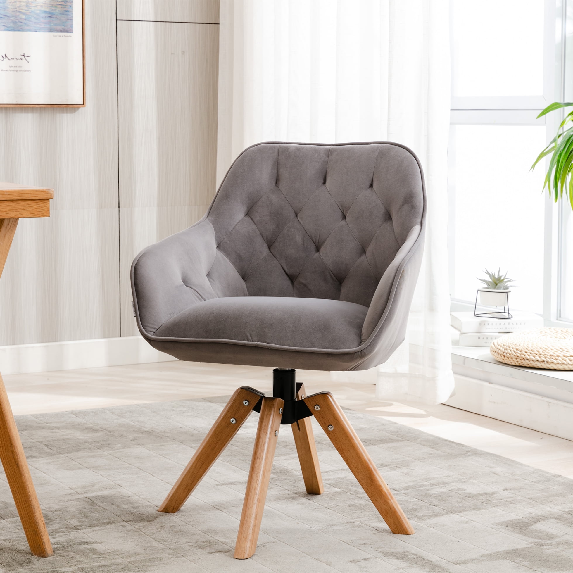 Modern Swivel Accent Chair with Rubber Wood Legs, Upholstered Desk