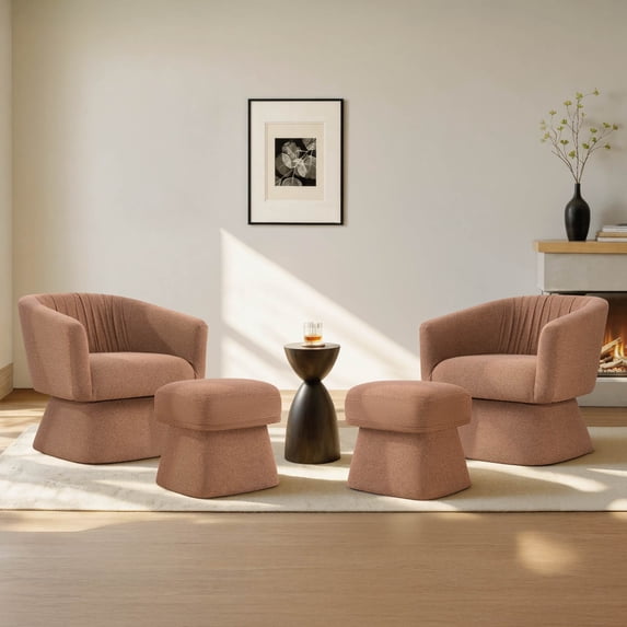 Modern Swivel Accent Chairs with Ottoman, Boucle Upholstered Barrel Armchairs, 360° Swivel Chair for Living Room, Bedroom & Office, Sand, 2 Chairs & 2 Ottomans