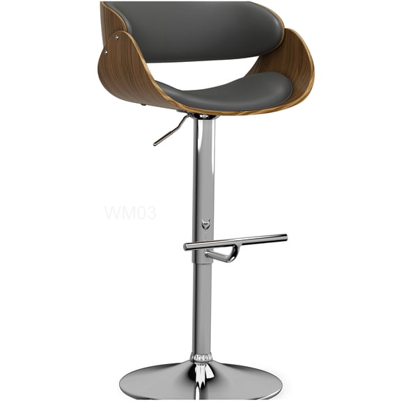 Modern Swivel Bar Stool Adjustable Height, Dark Gray Vegan Leather Seat, Chrome Base with Footrest for Kitchen Island