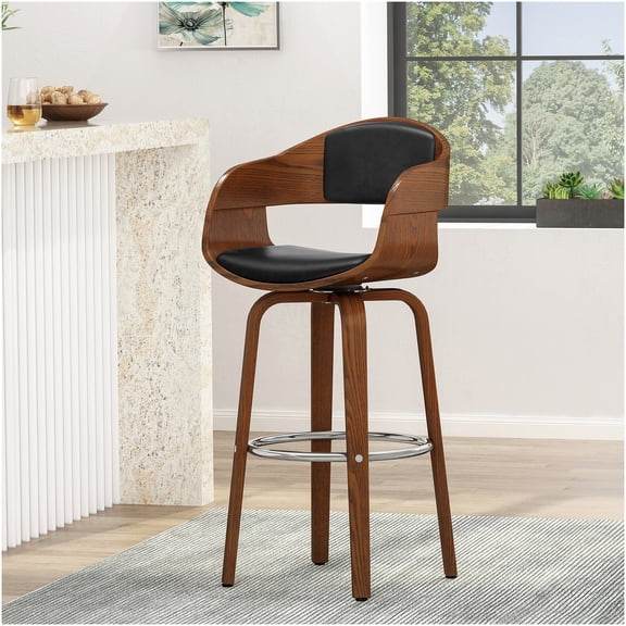 Modern Swivel Bar Stool with Faux Leather Upholstery and Chrome Footrest for Kitchen Island Counter
