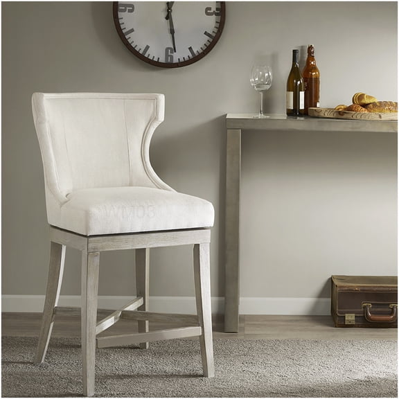Modern Swivel Bar Stool with Padded Seat, Cream Polyester, Wingback, for Counter Height, Kitchen Island Seating