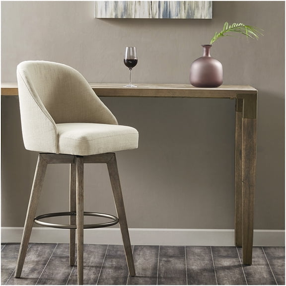 Modern Swivel Bar Stool with Soft Upholstered Seat, Sand Color Fabric and Grey Wood Legs