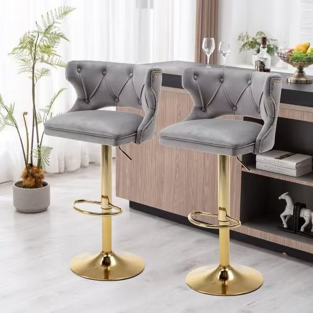 Modern Swivel Bar Stools Set of 2 Adjustable Counter Height Bar Stools with Back and Footrest Upholstered Tufted Bar Chairs with Armrest 360