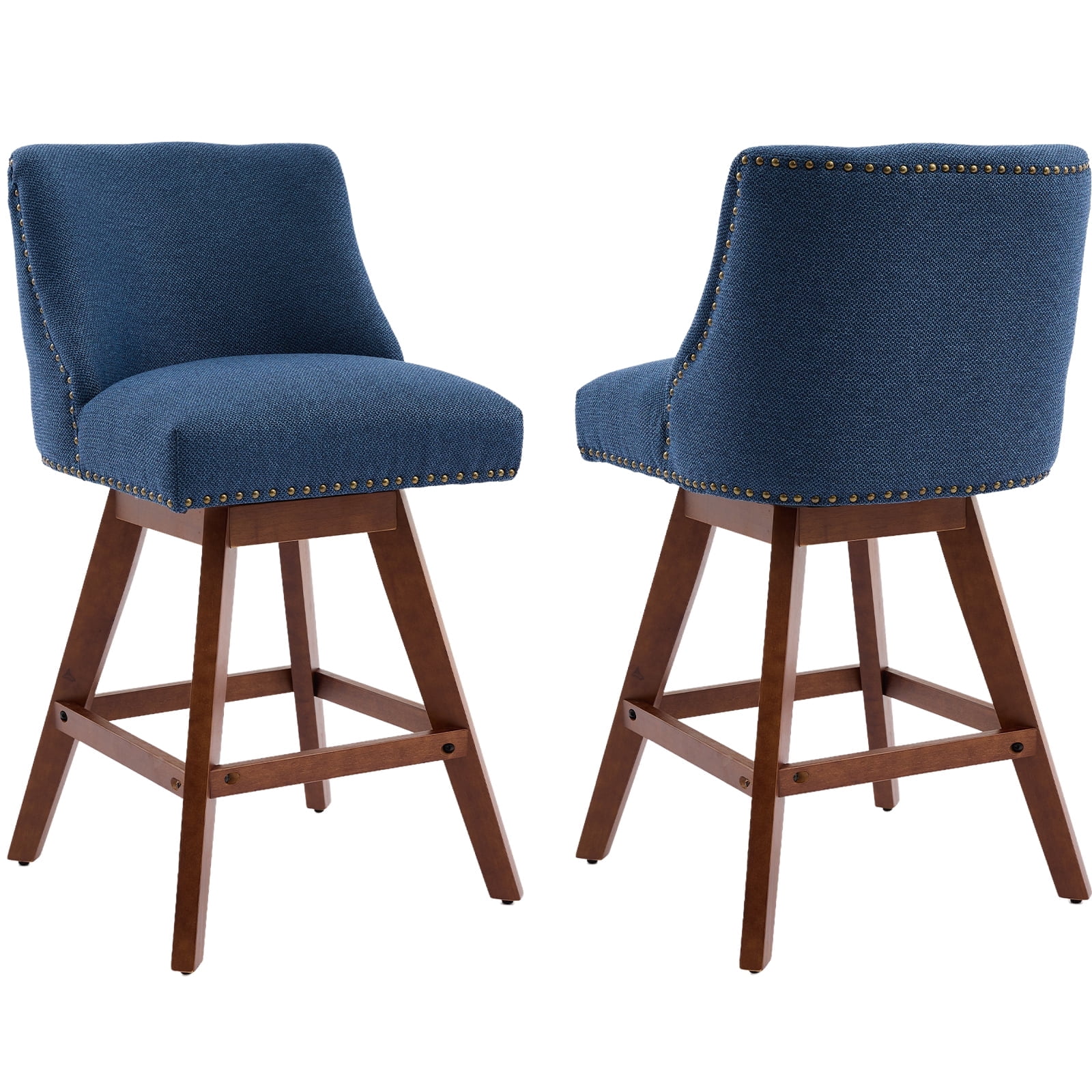 Modern Swivel Bar Stools Set of 2, Blue Counter Height Bar Stools with Back for Kitchen Island, Fabric Upholstered Island Chairs with Wood Legs, Barstool Chairs, Sillas para Barra de Cocina