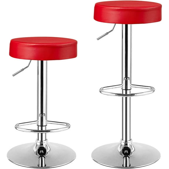 Modern Swivel Bar Stools Set of 2, Height Adjustable Backless Round PU Leather Armless Barstool, 360 Swivel, Chrome Footrest, Sturdy Metal Frame for Kitchen Dining Pub, Red