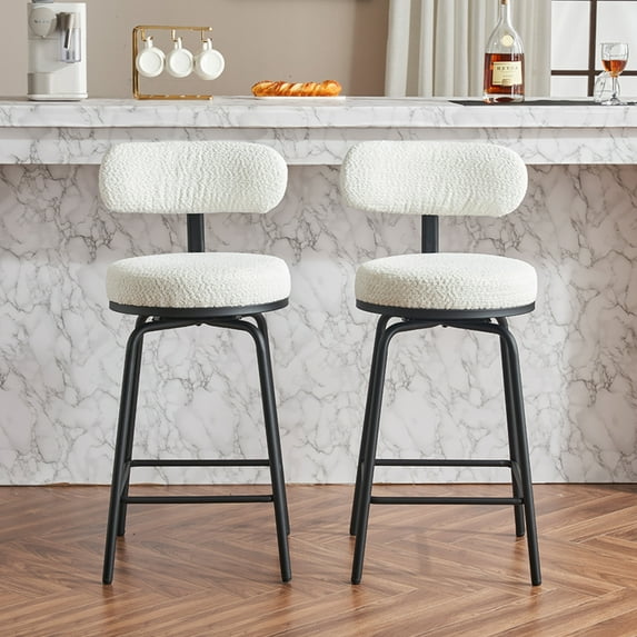 Modern Swivel Bar Stools Set of 2, Upholstered Counter Height Bar Chairs with Metal Legs and Footrest, Ergonomic Design, 360° Swivel Barstools for Kitchen Island and Dining Room, White