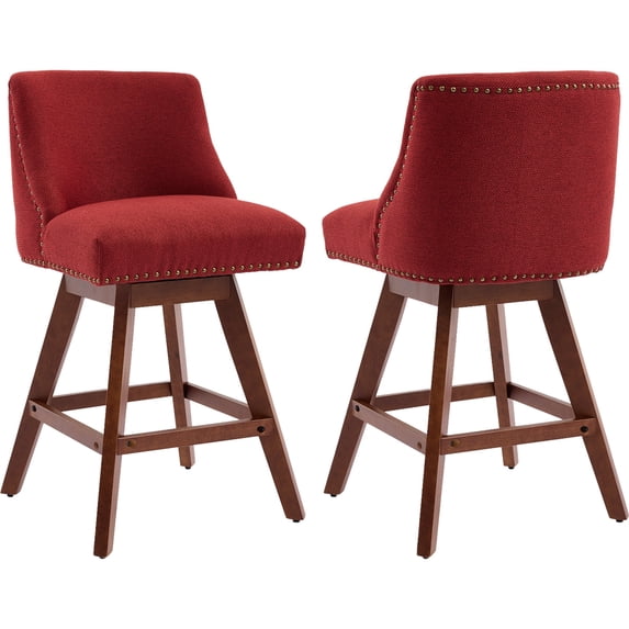 Modern Swivel Bar Stools Set of 2, Wine Red Counter Height Bar Stools with Back for Kitchen Island, Fabric Upholstered Island Chairs with Wood Legs, Barstool Chairs, Sillas para Barra de Cocina