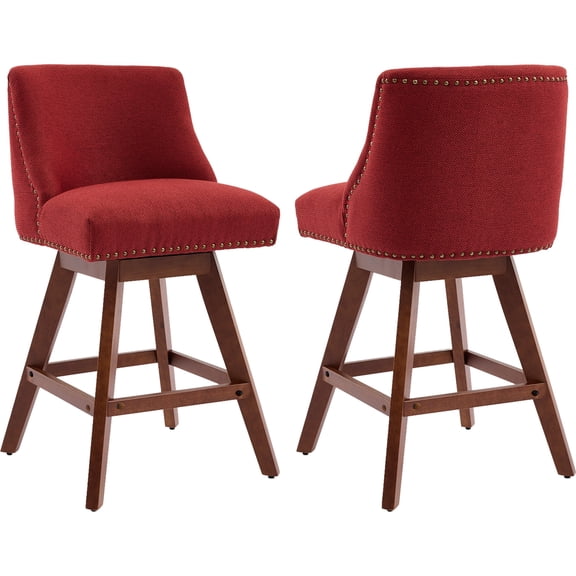 Modern Swivel Bar Stools Set of 2, Wine Red Counter Height Bar Stools with Back for Kitchen Island, Fabric Upholstered Island Chairs with Wood Legs, Barstool Chairs, Sillas para Barra de Cocina