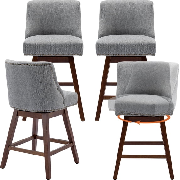 Modern Swivel Bar Stools Set of 4, 26" Gray Counter Height Bar Stools with Back for Kitchen Island, Fabric Upholstered Island Chairs with Wood Legs, Barstool Chairs