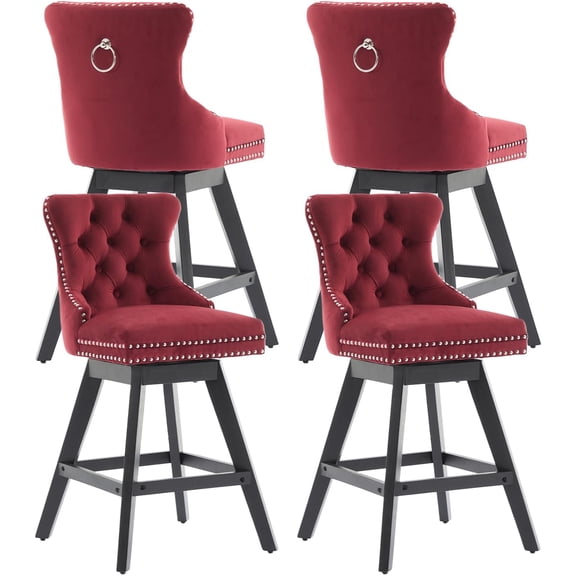 Modern Swivel Bar Stools Set of 4, 26" Wine Red Counter Height Bar Stools with Back for Kitchen Island, Fabric Upholstered Island Chairs with Wood Legs, Barstool Chairs