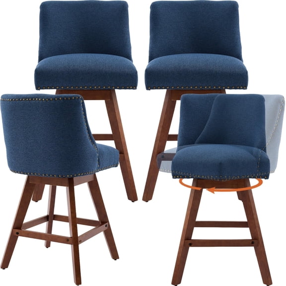 Modern Swivel Bar Stools Set of 4, 26" Navy Blue Counter Height Bar Stools with Back for Kitchen Island, Fabric Upholstered Island Chairs with Wood Legs, Barstool Chairs