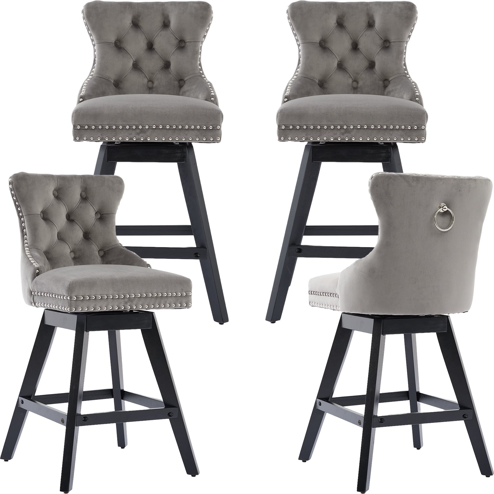Modern Swivel Bar Stools Set of 4, Grey Counter Height Bar Stools with Back for Kitchen Island, Velvet Upholstered Island Chairs with Wood Legs, Barstool Chairs, Sillas para Barra de Cocina