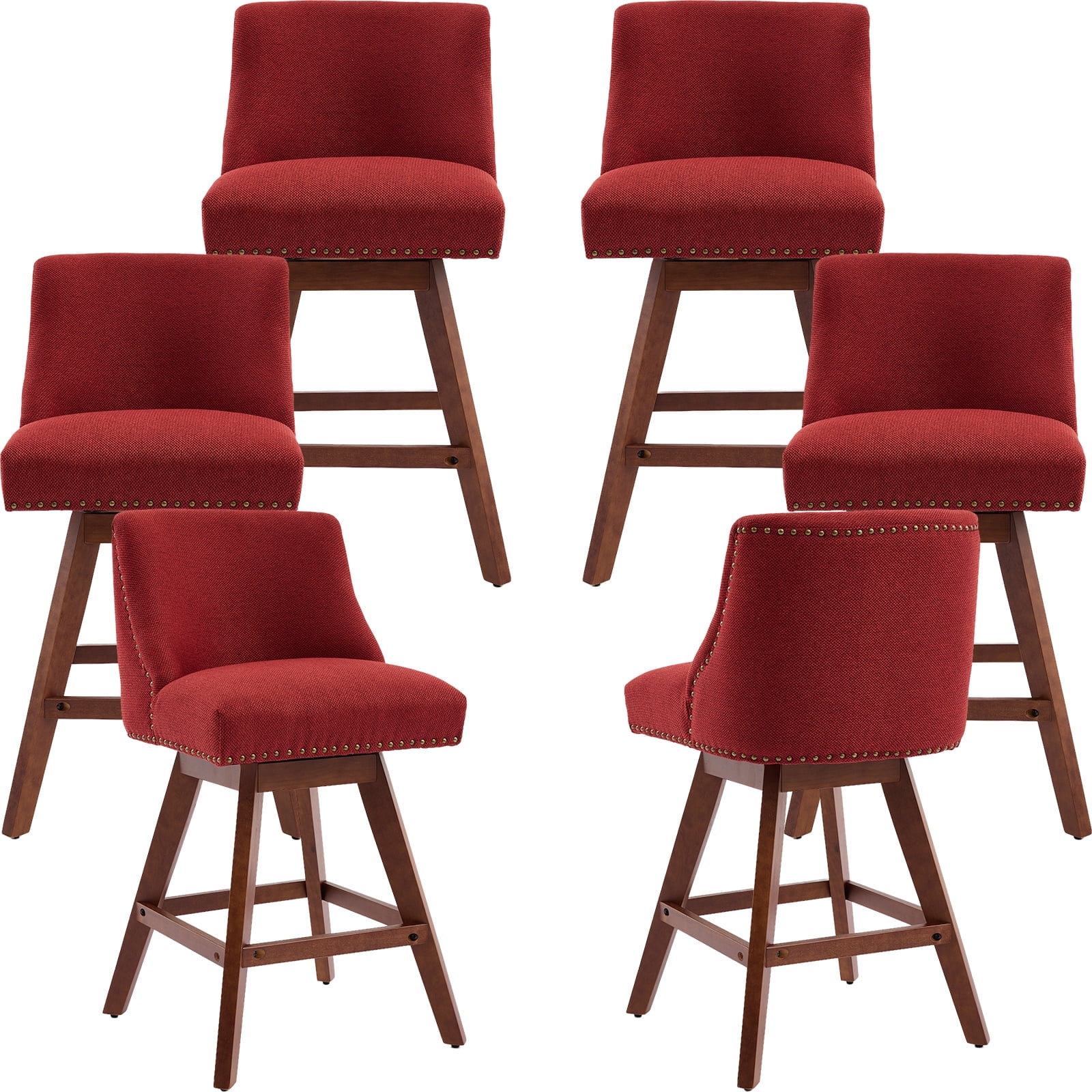 Modern Swivel Bar Stools Set of 6, Wine Red Counter Height Bar Stools with Back for Kitchen Island, Fabric Upholstered Island Chairs with Wood Legs, Barstool Chairs, Sillas para Barra de Cocina
